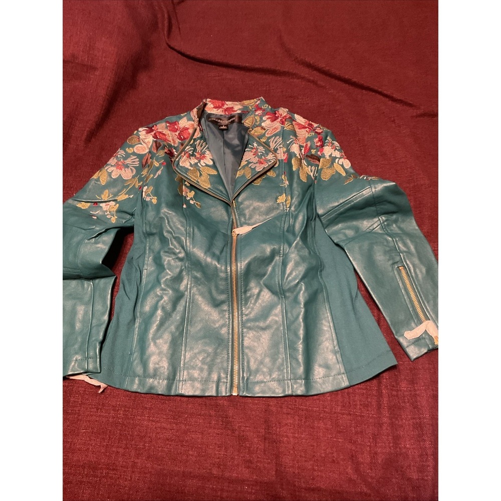 Colleen Lopez Women's Floral Embroidered Jacket Size Small Green Full Zip Lined